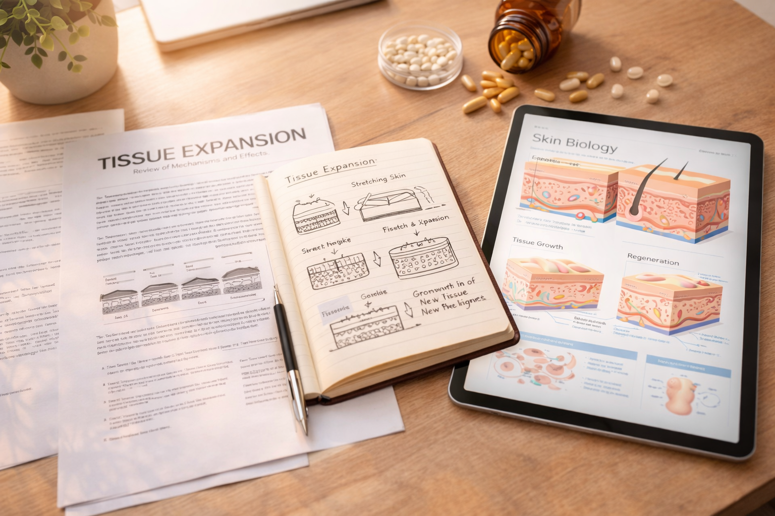 Research desk with tissue expansion studies and restoration science materials
