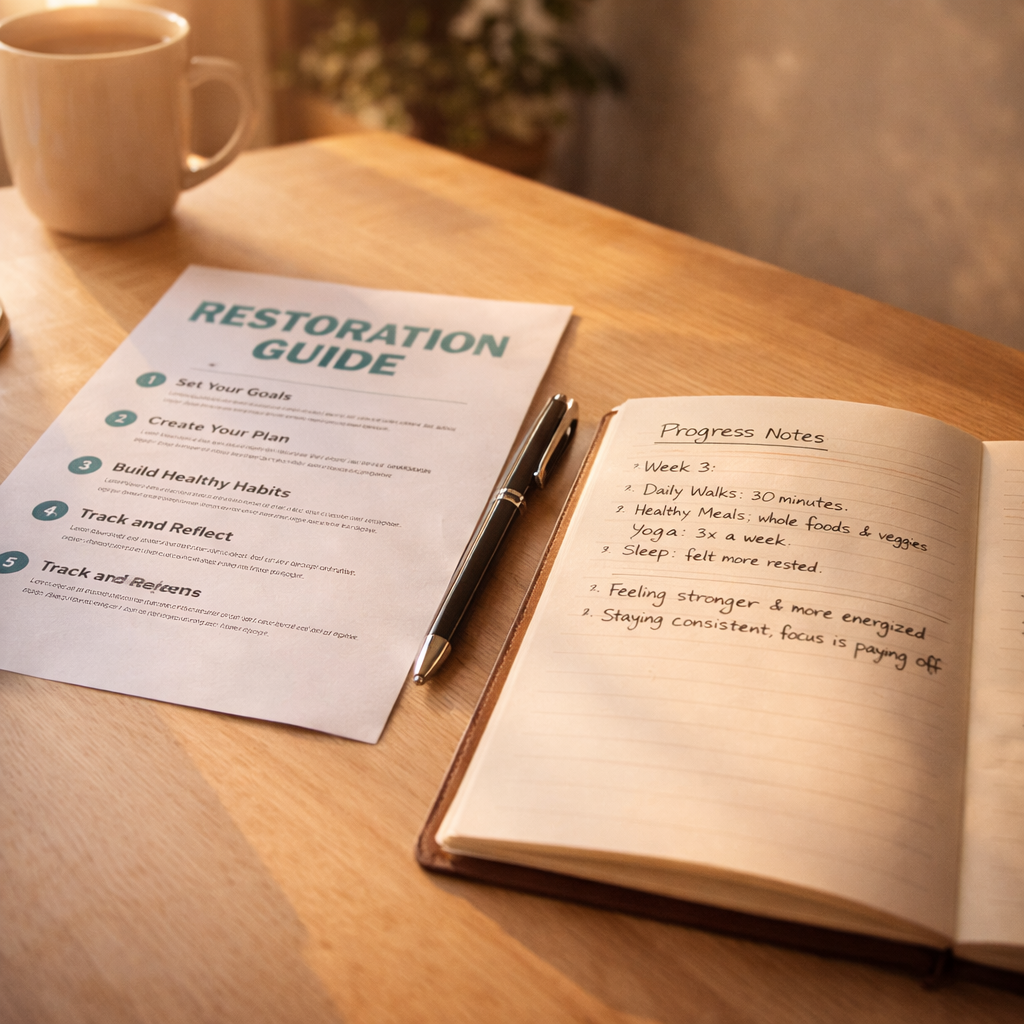 Organised desk with restoration journal and progress notes