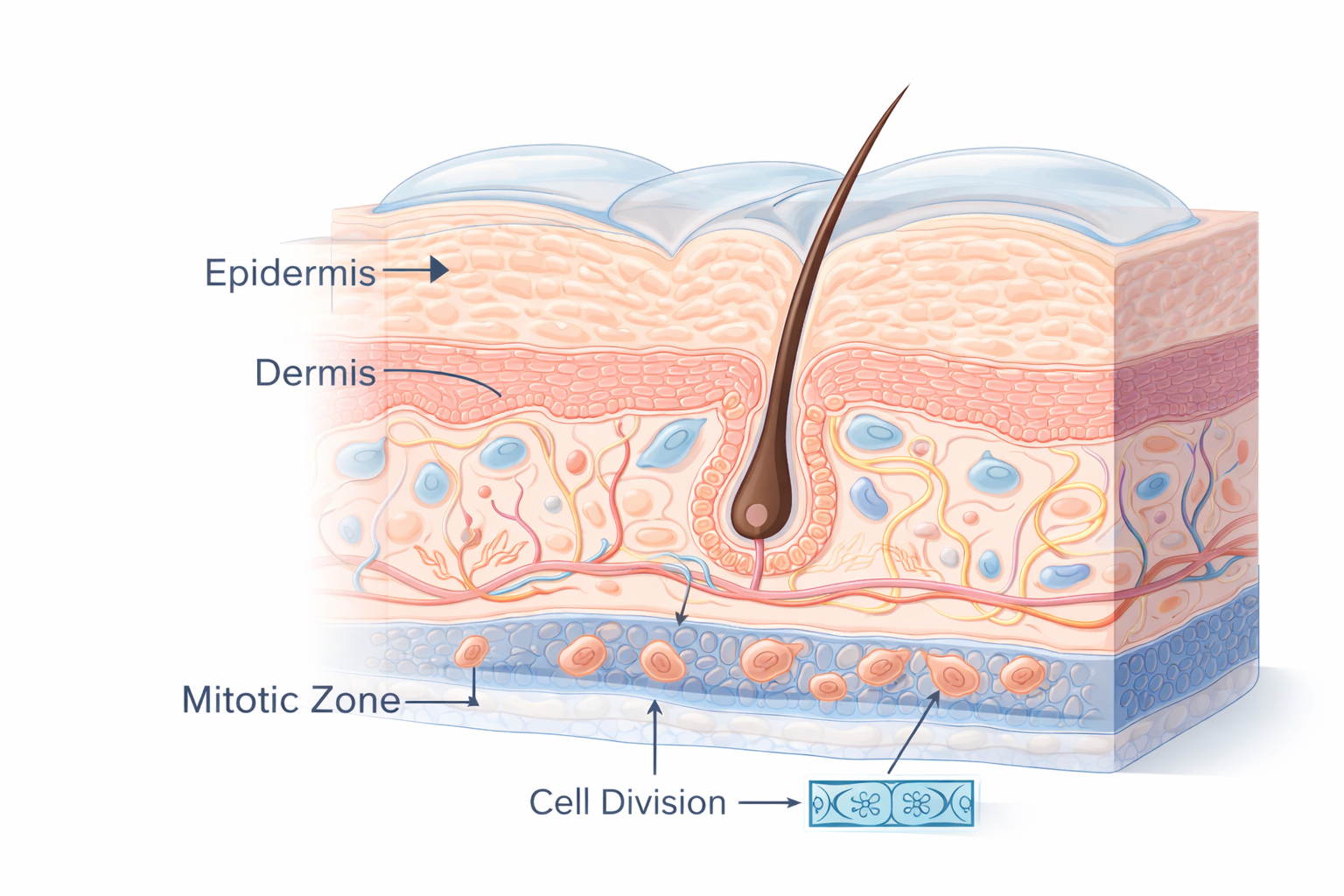 Cross-section diagram showing skin layers and the tissue expansion process