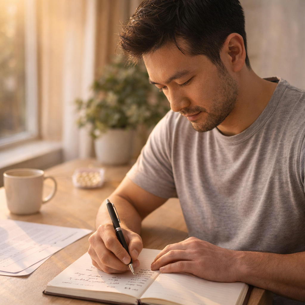 Man tracking restoration progress in a structured journal